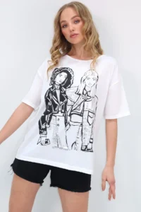 Trend Alaçatı Stili Women's White Crew Neck Front Foil Printed T-Shirt - Image 3
