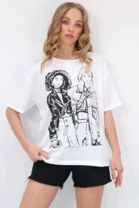 Trend Alaçatı Stili Women's White Crew Neck Front Foil Printed T-Shirt - Image 4