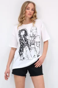 Trend Alaçatı Stili Women's White Crew Neck Front Foil Printed T-Shirt - Image 5