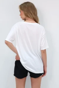 Trend Alaçatı Stili Women's White Crew Neck Front Foil Printed T-Shirt - Image 6