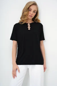 Trend Alaçatı Stili Women's Black Crew Neck Ring Detailed Short Sleeve Basic T-Shirt