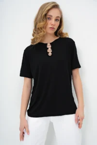 Trend Alaçatı Stili Women's Black Crew Neck Ring Detailed Short Sleeve Basic T-Shirt - Image 3