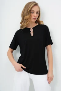 Trend Alaçatı Stili Women's Black Crew Neck Ring Detailed Short Sleeve Basic T-Shirt - Image 5