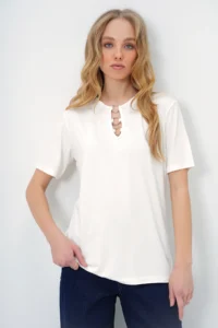 Trend Alaçatı Stili Women's Ecru Crew Neck Ring Detailed Short Sleeve Basic T-Shirt - Image 2