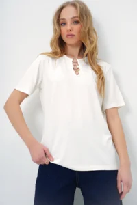 Trend Alaçatı Stili Women's Ecru Crew Neck Ring Detailed Short Sleeve Basic T-Shirt - Image 4