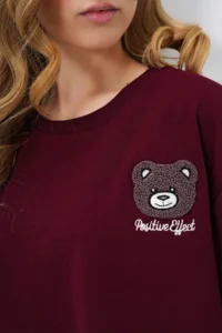 Trend Alaçatı Stili Women's Claret Red Crew Neck Teddy Bear Motif Oversize Crop T-Shirt - Image 6