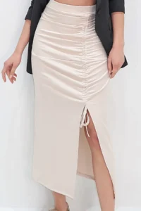 Trend Alaçatı Stili Women's Beige Adjustable Gathered Slit Maxi Length Scuba Skirt - Image 5