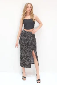 Trend Alaçatı Stili Women's Black-Patterned Adjustable Gathered Asymmetrical Cut Slit Skirt