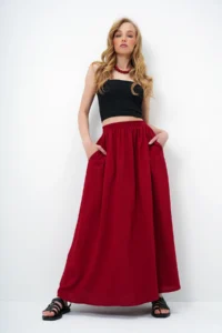 Trend Alaçatı Stili Women Burgundy double pocket flared Weaving Skirt - Image 2