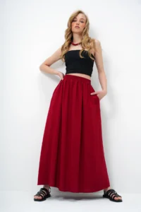Trend Alaçatı Stili Women Burgundy double pocket flared Weaving Skirt - Image 3
