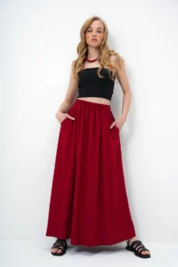 Trend Alaçatı Stili Women Burgundy double pocket flared Weaving Skirt - Image 4