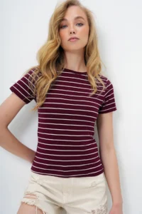 Trend Alaçatı Stili Women's Claret Red Crew Neck Striped T-Shirt