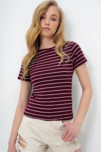 Trend Alaçatı Stili Women's Claret Red Crew Neck Striped T-Shirt - Image 2