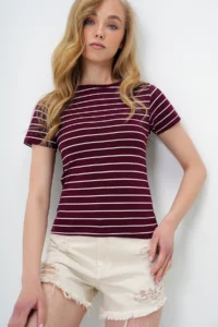 Trend Alaçatı Stili Women's Claret Red Crew Neck Striped T-Shirt - Image 3