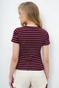 Trend Alaçatı Stili Women's Claret Red Crew Neck Striped T-Shirt - Image 5