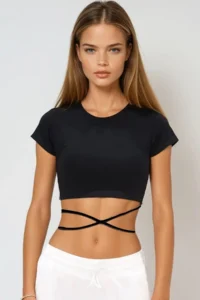Trend Alaçatı Stili Women's Black Crew Neck Lace-Up Crop Fit T-Shirt Alc-X6042