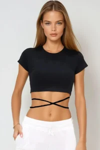 Trend Alaçatı Stili Women's Black Crew Neck Lace-Up Crop Fit T-Shirt Alc-X6042 - Image 2