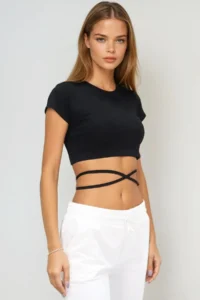 Trend Alaçatı Stili Women's Black Crew Neck Lace-Up Crop Fit T-Shirt Alc-X6042 - Image 3