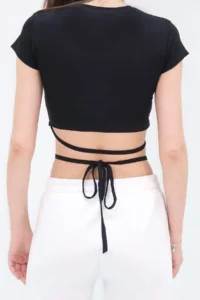 Trend Alaçatı Stili Women's Black Crew Neck Lace-Up Crop Fit T-Shirt Alc-X6042 - Image 4