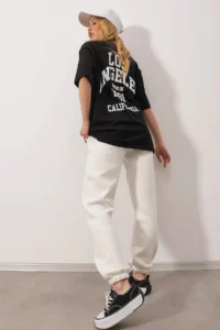 Trend Alaçatı Stili Women's Black Crew Neck Printed Oversize T-Shirt