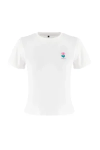 TRENDYOLMİLLA Ecru Regular/Normal Pattern Short Sleeve Embroidered Tok 100% Cotton Knitting T-Shirt - Image 5