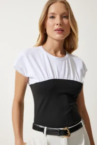 Happiness İstanbul Women Black White Blok Colorful Knitting T-Shirt - Image 3