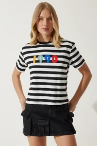 Happiness İstanbul Women's Black and White Printed Striped Knitted T-Shirt