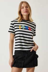 Happiness İstanbul Women's Black and White Printed Striped Knitted T-Shirt - Image 2
