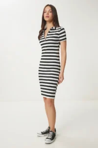 Happiness İstanbul Women's Black Bone Striped Summer Knitted Dress