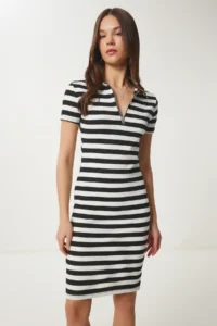 Happiness İstanbul Women's Black Bone Striped Summer Knitted Dress - Image 2