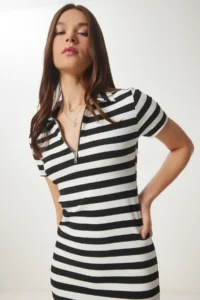 Happiness İstanbul Women's Black Bone Striped Summer Knitted Dress - Image 4