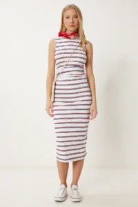 Happiness İstanbul Women's White Gather Detailed Slit Flexible Summer Knitted Dress