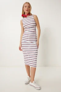 Happiness İstanbul Women's White Gather Detailed Slit Flexible Summer Knitted Dress - Image 2