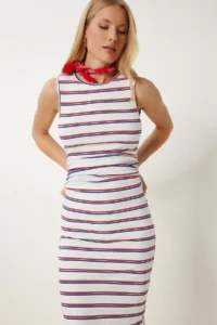 Happiness İstanbul Women's White Gather Detailed Slit Flexible Summer Knitted Dress - Image 3