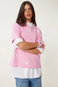 Happiness İstanbul Women's Pink Heart Embroidered Cotton Knitted T-Shirt - Image 2