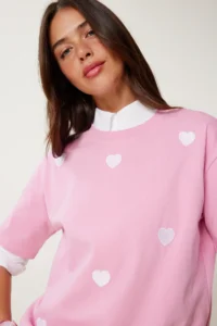 Happiness İstanbul Women's Pink Heart Embroidered Cotton Knitted T-Shirt - Image 3
