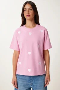 Happiness İstanbul Women's Pink Heart Embroidered Cotton Knitted T-Shirt - Image 4