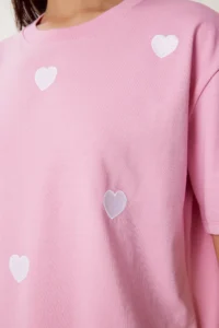 Happiness İstanbul Women's Pink Heart Embroidered Cotton Knitted T-Shirt - Image 5