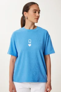 Happiness İstanbul Women's Sky Blue Printed Oversize Knitted T-Shirt - Image 4