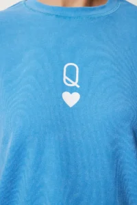 Happiness İstanbul Women's Sky Blue Printed Oversize Knitted T-Shirt - Image 5