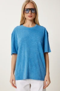 Happiness İstanbul Women Blue Washable Basic Knitting T-Shirt - Image 2