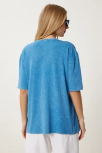 Happiness İstanbul Women Blue Washable Basic Knitting T-Shirt - Image 4