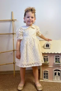 penu baby kids Ecru Floral Patterned Cotton embroidery Girls' Dress - Image 3