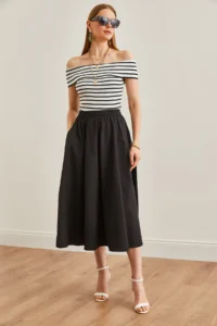 Olalook Women's Black Pocketed Elastic Waist Midi Woven Bell Skirt - Image 3