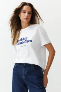 TRENDYOLMİLLA White Printed 100% Thick Cotton relaxed/Casual Cut Knitting T-Shirt - Image 3