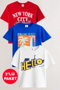 twins tailors Palm Surf Printed 3-Pack Unisex Red-Sax Blue-White Kids T-Shirt