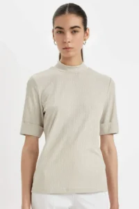 DeFacto Half Turtleneck Smart Ribbed Camisole Basic Plain Short Sleeve T-Shirt