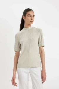 DeFacto Half Turtleneck Smart Ribbed Camisole Basic Plain Short Sleeve T-Shirt - Image 3