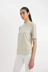 DeFacto Half Turtleneck Smart Ribbed Camisole Basic Plain Short Sleeve T-Shirt - Image 4