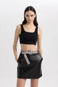 DeFacto Coool A Cut Faux Leather Mini Skirt B2859ax23wn - Image 4